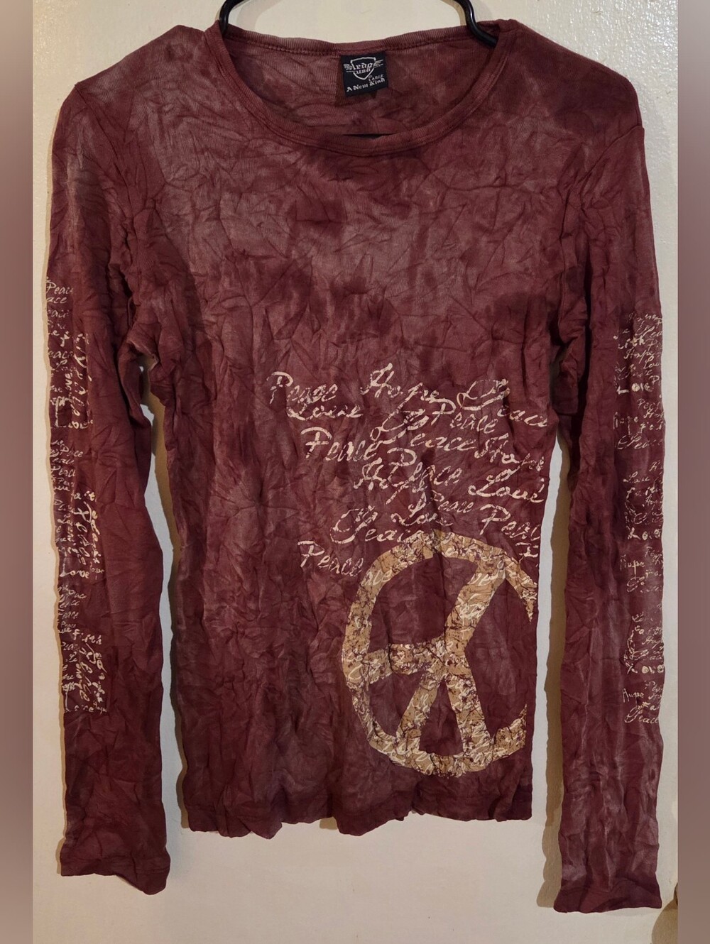 Y2K Sledge USA Maroon Grunge Crushed Tie Dye Peace Sign Long Sleeve Shirt Size L